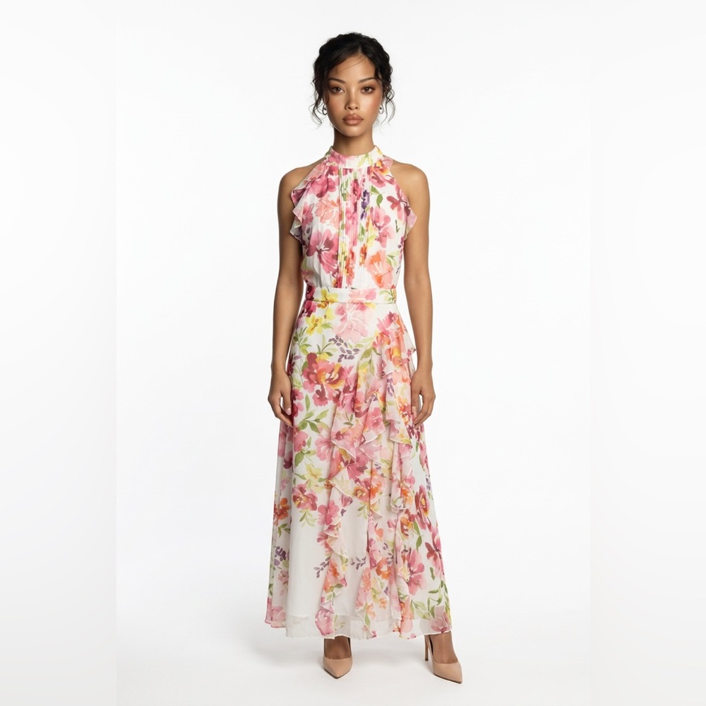 Betsy & Adam Pink Floral Halter Maxi Dress